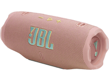 Charger l&#39;image dans la galerie, Un haut-parleur JBL rose avec le logo JBL bleu, sur fond noir. Il a une forme cylindrique.
