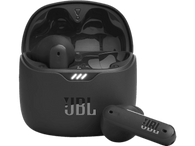 Écouteurs JBL noirs dans un étui de chargement noir, un écouteur à l'extérieur. Indicateurs lumineux blancs.