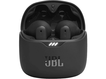 Écouteurs JBL noirs dans un étui de chargement noir. Trois lumières blanches visibles.