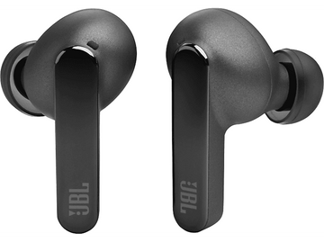 Deux écouteurs sans fil JBL noirs. Chacun a le logo JBL sur le côté.