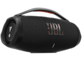 Haut-parleur JBL noir avec une poignée et le logo JBL en orange. Un point d