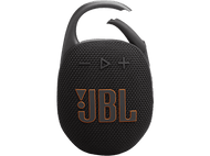 Haut-parleur portable JBL noir avec un clip noir. Le logo JBL est orange. Le fond est noir.
