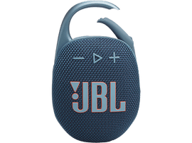 Haut-parleur JBL Clip bleu. Le haut-parleur a un mousqueton. Il a une façade en mesh avec le logo JBL et des boutons.
