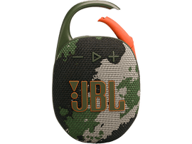 Haut-parleur JBL Clip avec motif camouflage. Avec mousqueton et clip orange.
