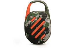 Charger l&#39;image dans la galerie, Un haut-parleur portable camouflé avec des touches d&#39;orange et un clip vert.
