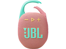 Charger l&#39;image dans la galerie, Haut-parleur JBL Clip. Corps rose, clip et boutons verts. Fond blanc.
