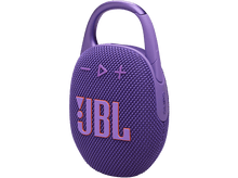 Charger l&#39;image dans la galerie, Enceinte portable violette JBL Clip 5 avec mousqueton. Le haut-parleur porte le logo JBL en orange.
