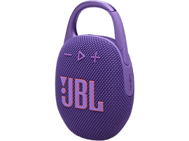 Enceinte portable violette JBL Clip 5 avec mousqueton. Le haut-parleur porte le logo JBL en orange.