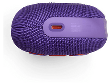 Charger l&#39;image dans la galerie, Enceinte portable JBL violette avec housse en tissu, port de charge et touches orange.
