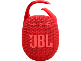 Un haut-parleur JBL Clip rouge avec un clip rouge, boutons plus et moins.