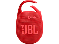 Un haut-parleur JBL Clip rouge avec un clip rouge, boutons plus et moins.