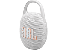 Charger l&#39;image dans la galerie, Un haut-parleur JBL Clip 5 blanc avec une poignée blanche. JBL et Clip 5 sont visibles.
