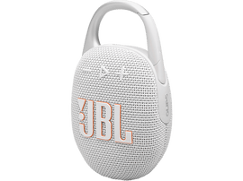 Un haut-parleur JBL Clip 5 blanc avec une poignée blanche. JBL et Clip 5 sont visibles.