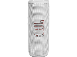 Enceinte JBL blanche. Forme cylindrique, avec logo JBL en rouge. Surface texturée.