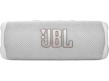 Charger l&#39;image dans la galerie, Haut-parleur JBL blanc avec lettres JBL argentées. Le haut-parleur a un motif tissé.
