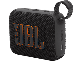 Enceinte noire JBL Go 4 avec logo orange et une sangle de transport noire.