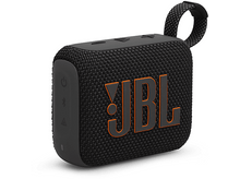Charger l&#39;image dans la galerie, Haut-parleur JBL noir, vue latérale. JBL orange dessus.
