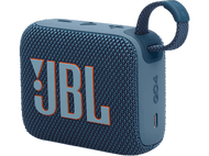 Enceinte bleue JBL GO4 avec logo orange et une sangle.