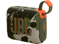 Enceinte JBL GO4, design camouflage, accents verts et orange.