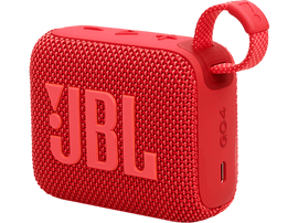 Enceinte portable JBL GO4 rouge avec sangle rouge et grand logo JBL.