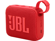 Enceinte portable JBL GO4 rouge avec sangle rouge et grand logo JBL.