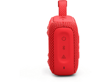 Charger l&#39;image dans la galerie, Un haut-parleur Bluetooth portable rouge avec des boutons de contrôle et une poignée en boucle.
