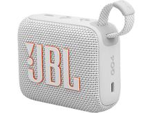 Charger l&#39;image dans la galerie, Enceinte JBL GO4 blanche. Logo &#39;JBL&#39; orange. Boucle pour sangle. Côté avec port USB-C.
