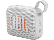 Enceinte JBL GO4 blanche. Logo 'JBL' orange. Boucle pour sangle. Côté avec port USB-C.