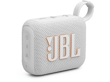 Charger l&#39;image dans la galerie, Haut-parleur JBL Go 3 blanc avec logo et boutons orange, avec une sangle blanche.
