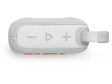 Charger l&#39;image dans la galerie, Vue de dessus d&#39;une enceinte portable blanche avec commandes, le logo JBL et une sangle.
