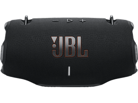 Haut-parleur JBL noir avec logo JBL orange. Il a une forme rectangulaire et est sur un fond noir.