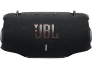 Haut-parleur JBL noir avec logo JBL orange. Il a une forme rectangulaire et est sur un fond noir.
