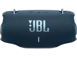 Une enceinte portable JBL bleue avec des accents argentés. Le logo JBL est bien visible.