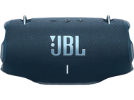 Une enceinte portable JBL bleue avec des accents argentés. Le logo JBL est bien visible.