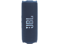 Haut-parleur JBL bleu avec le logo JBL. Cylindrique, surface texturée, sur fond noir.