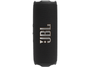 Haut-parleur JBL noir avec logo orange, sur fond noir.