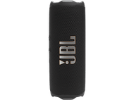 Haut-parleur JBL noir avec logo orange, sur fond noir.