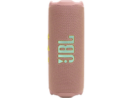 Haut-parleur JBL rose avec logo sarcelle, avec une texture tissée rose.