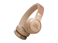 Casque JBL Live beige. Le casque est sur un fond noir, incliné vers la droite.