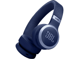 Casque JBL bleu avec des accents argentés sur fond noir.