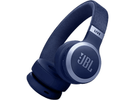 Casque JBL bleu avec des accents argentés sur fond noir.