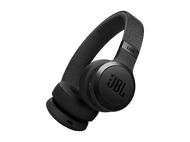 Casque JBL noir. Le casque a un bandeau et des écouteurs, sur fond noir.