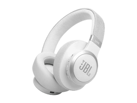 Casque JBL blanc sur fond noir. Le mot "LIVE" est sur l