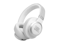 Casque JBL blanc sur fond noir. Le mot 