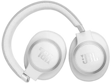 Charger l&#39;image dans la galerie, Casque JBL blanc. Le casque est plié. Le logo est visible sur les oreillettes.
