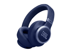 Casque JBL bleu, avec un bandeau et des écouteurs bleus. Le logo JBL est visible sur les écouteurs.