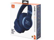 Charger l&#39;image dans la galerie, Casque JBL bleu et noir dans une boîte avec détails du produit sur fond blanc.

