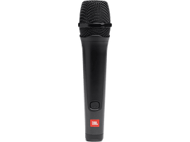 Microphone JBL noir. Tête en maille, corps noir, logo rouge. Bouton d