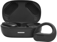 Écouteurs JBL noirs avec un étui de chargement noir. L'étui est ouvert, et les écouteurs sont visibles.