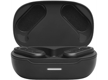 Charger l&#39;image dans la galerie, Écouteurs JBL noirs dans un étui de chargement. Lumière blanche sur l&#39;étui visible.
